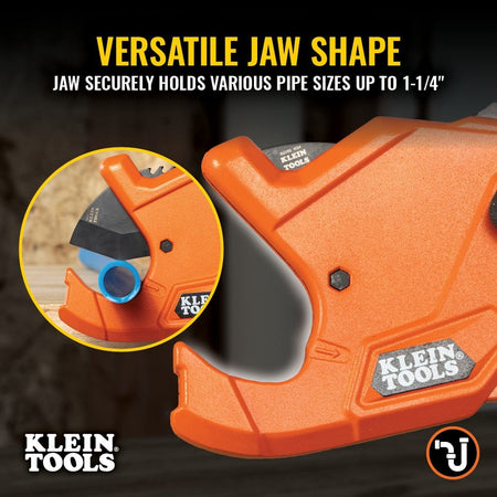 Detail view of the versatile jaw shape on the Klein Tools 50044 cutter, illustrating how the tool securely holds various pipe sizes up to 1-1/4 inch for straight, accurate cuts.