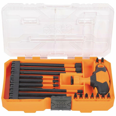 Overhead view of the Klein Tools 23-piece impact-rated bit set in its orange modular storage case with a clear lid, showing all components neatly organized.