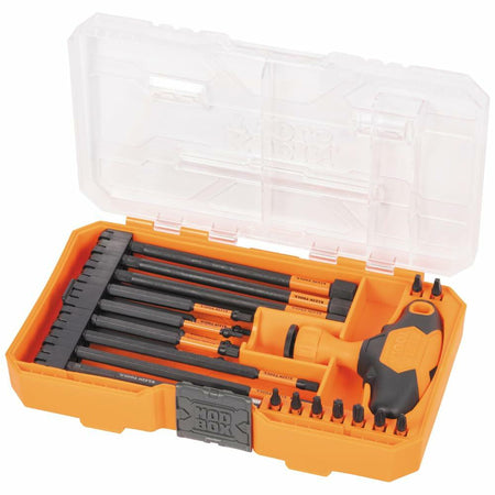 The Klein Tools ProFlex 23-Piece Bit Set case, shown open with a transparent lid, displaying the ratcheting T-handle, long bits, and standard bits organized in the orange modular tray.