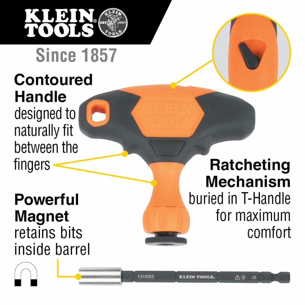 Close-up diagram of the Klein Tools Ratcheting T-Handle, highlighting the contoured grip, powerful magnet in the barrel, and the switch for the ratcheting mechanism.
