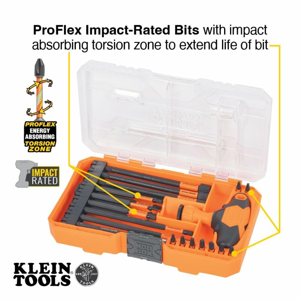 Klein Tools ProFlex Impact-Rated Bit Set in its orange case, highlighting a bit with an impact-absorbing torsion zone to extend bit life.
