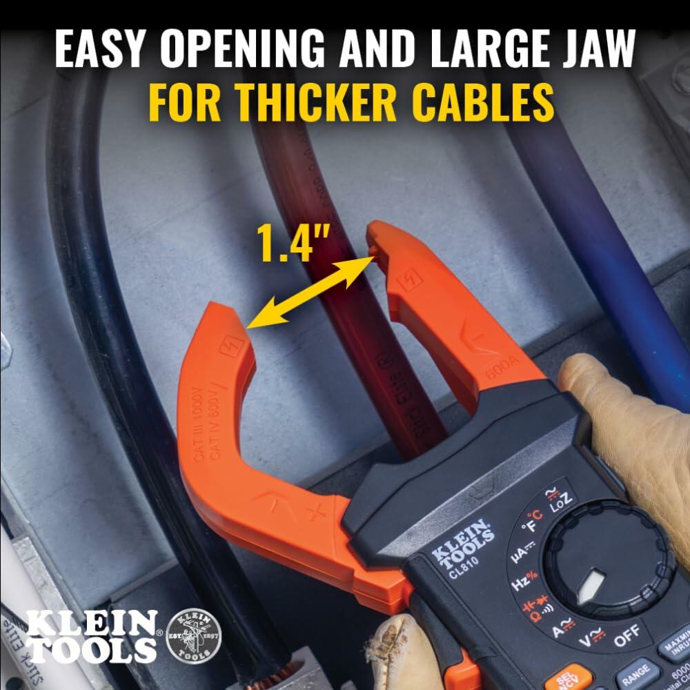 Hands using Klein Tools CL380 clamp meter on thick cables; image highlights large 1.4-inch jaw opening for heavy-duty electrical work.