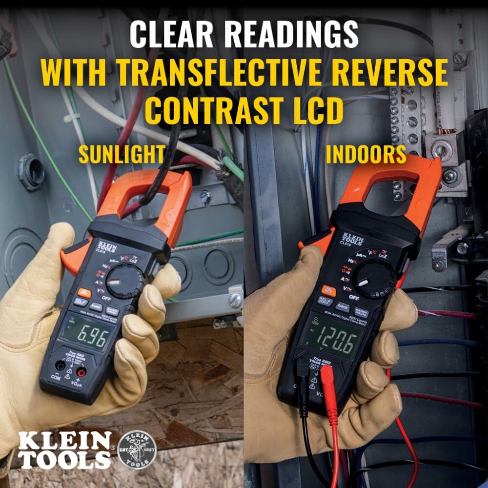 Side-by-side comparison of Klein Tools clamp meter readability in sunlight and indoors using transflective reverse contrast LCD screen