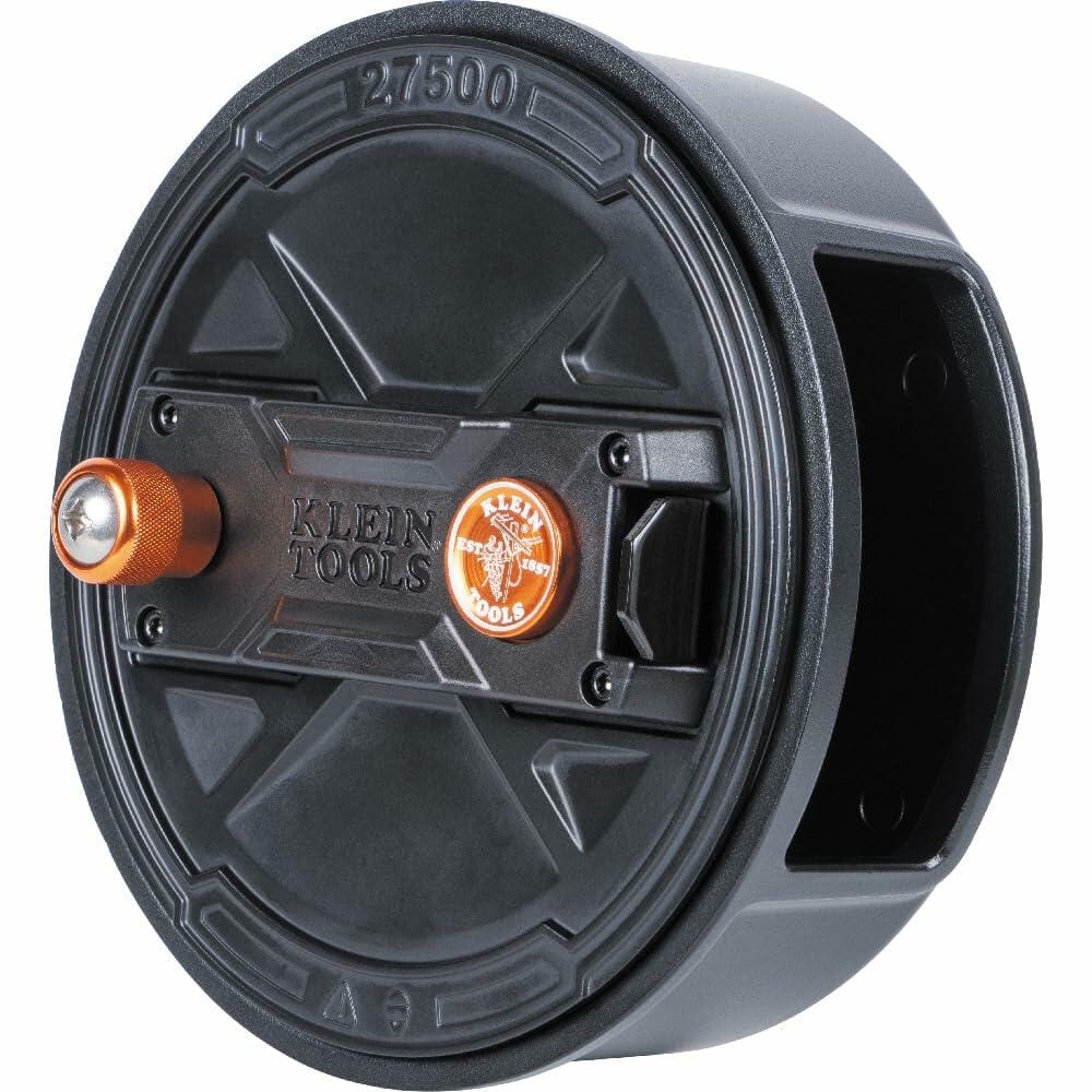 Three-quarter view of the Klein Tools Quick-Lock Tie Wire Reel (27500) against a white background, highlighting the durable aluminum body and orange rewind knob.