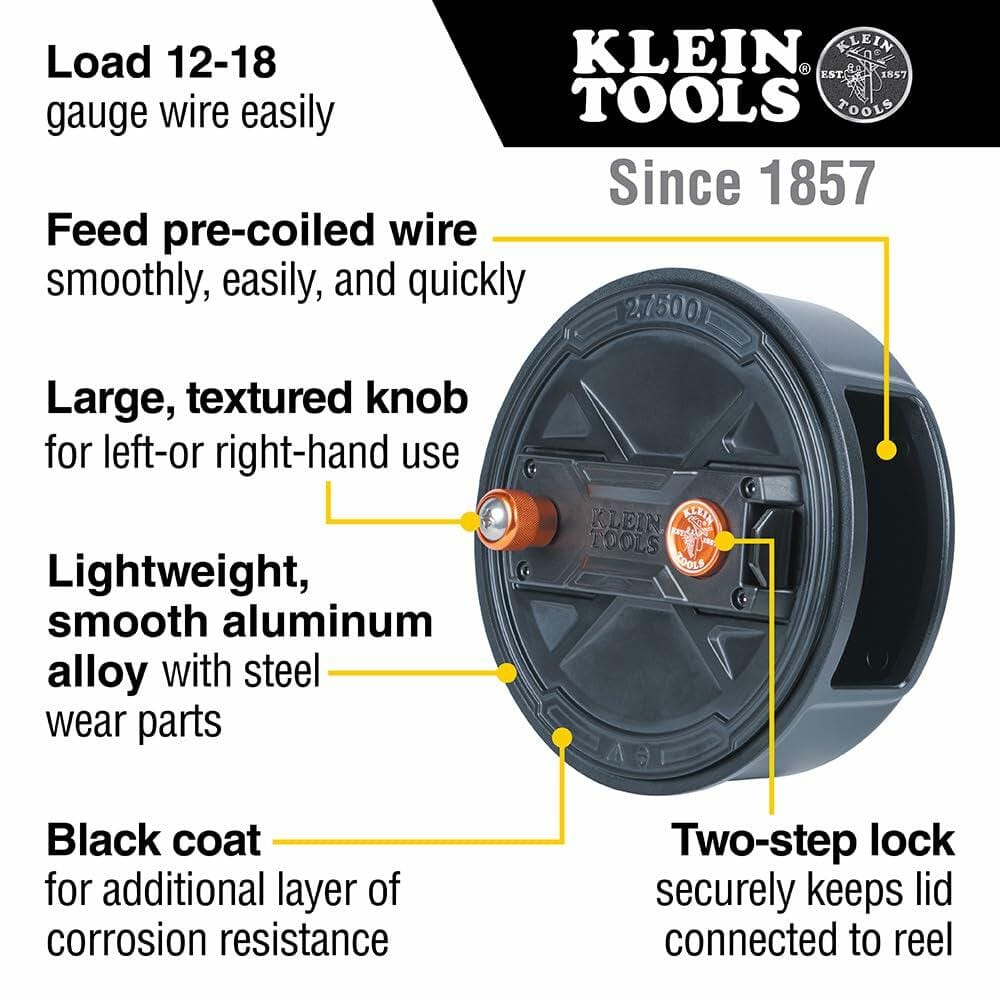 Diagram showing the features of the Klein Tools Tie Wire Reel, including the lightweight aluminum alloy, two-step lock, corrosion-resistant black coat, and large, textured ambidextrous rewind knob.