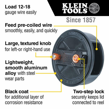 Diagram showing the features of the Klein Tools Tie Wire Reel, including the lightweight aluminum alloy, two-step lock, corrosion-resistant black coat, and large, textured ambidextrous rewind knob.