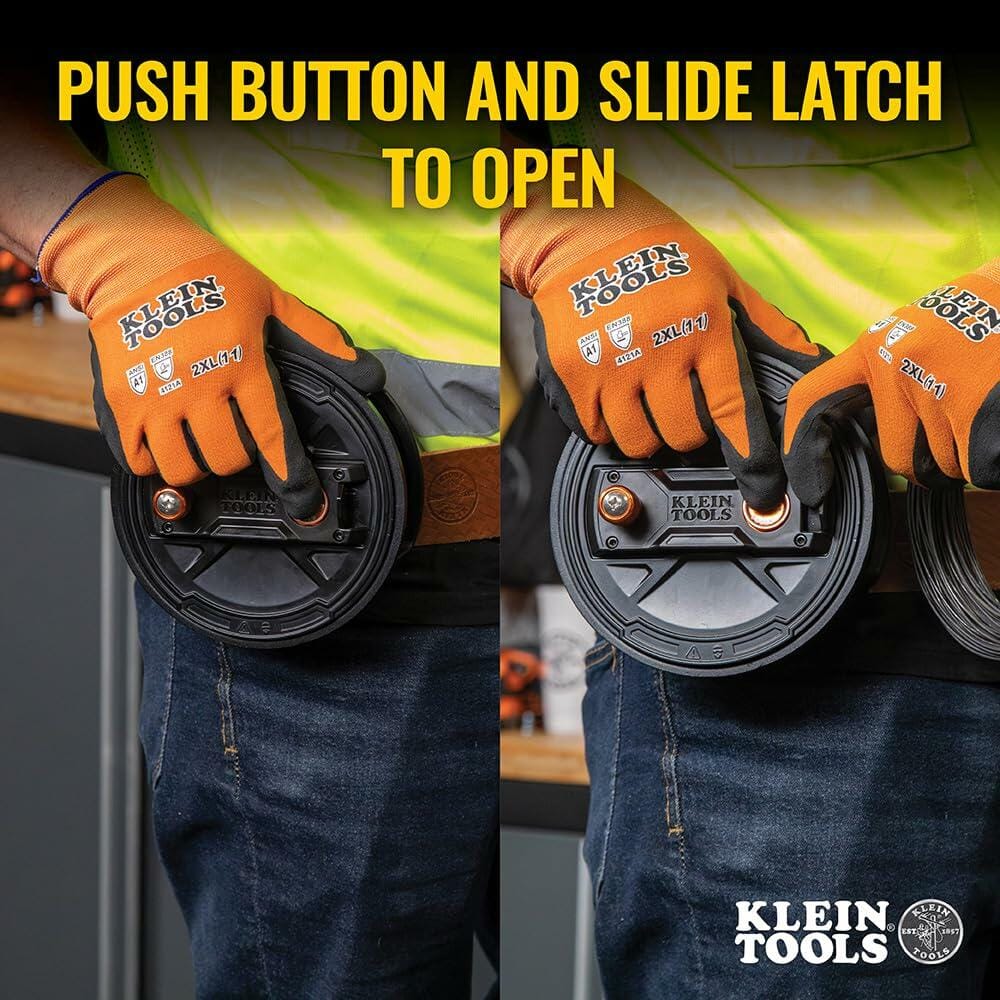 Two-part image showing hands on the tie wire reel. The left side shows the quick-lock mechanism closed; the right side shows the slider being moved to open the latch for fast spool replacement.