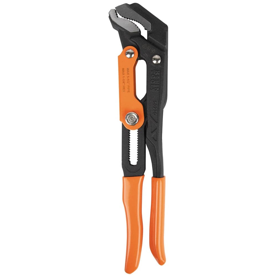 Klein Tools 68230 13-inch Quick-Adjust S-Jaw Pipe Wrench in a closed position, featuring black forged steel construction with orange comfort-grip handles and high-torque jaws.