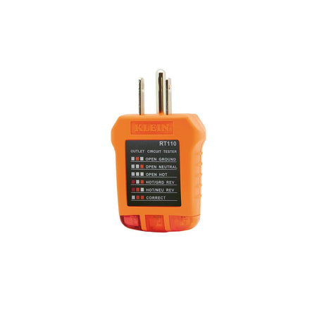 A studio shot of the Klein Tools RT110 receptacle tester featuring a durable orange polymer housing. The device displays a clear diagnostic chart for identifying wiring conditions such as open ground, open neutral, and open hot, alongside a standard 3-prong North American electrical plug.