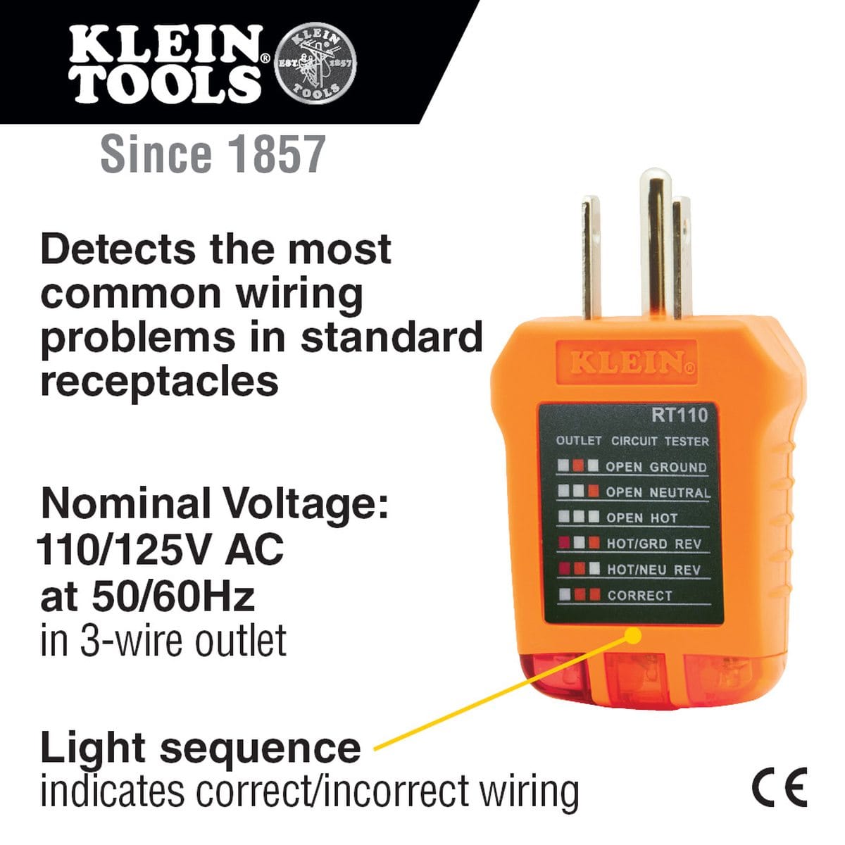 A product infographic for the Klein Tools RT110 outlet tester. Text callouts highlight its ability to detect common wiring problems in standard receptacles, its 110/125V AC nominal voltage rating, and the high-visibility light sequence used to indicate correct or incorrect wiring.