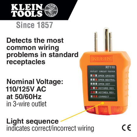 A product infographic for the Klein Tools RT110 outlet tester. Text callouts highlight its ability to detect common wiring problems in standard receptacles, its 110/125V AC nominal voltage rating, and the high-visibility light sequence used to indicate correct or incorrect wiring.
