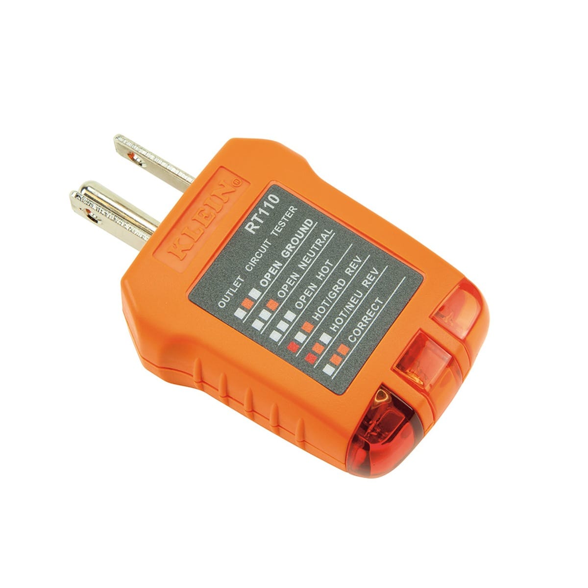 An angled perspective view of the RT110 electrical circuit tester against a white background. The image showcases the compact, ergonomic design and the integrated LED windows at the base which provide clear visual feedback during safety inspections.