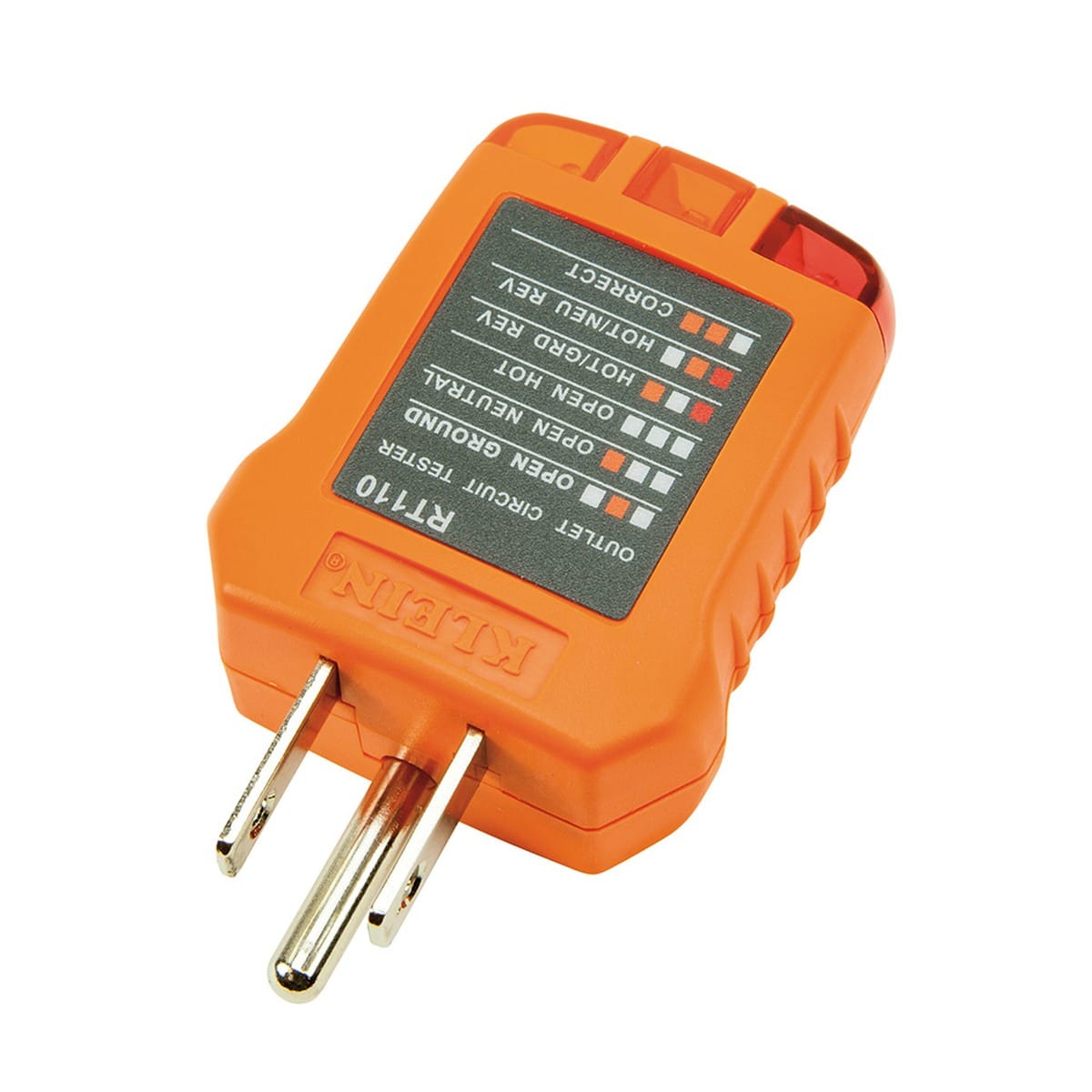 A high-angle view of the RT110 receptacle analyzer focusing on the diagnostic legend. The faceplate clearly lists fault codes for rapid identification of hot and ground reversals and other critical wiring errors in residential or commercial outlets.