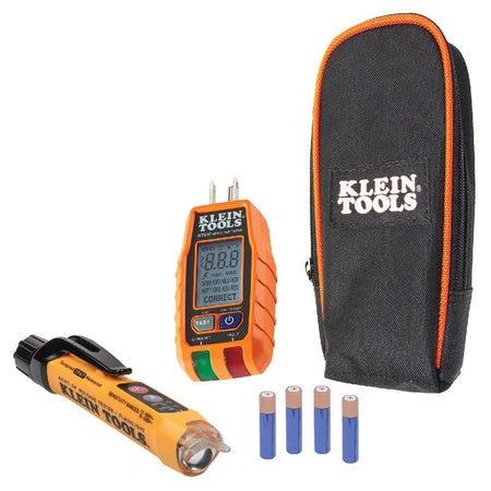 A studio product shot of the Klein Tools RT250KIT Premium Electrical Test Kit. The kit features the RT250 GFCI Receptacle Tester with a digital LCD screen and the NCVT3P Dual-Range Non-Contact Voltage Tester with an integrated flashlight, both in high-visibility orange and black industrial housings.