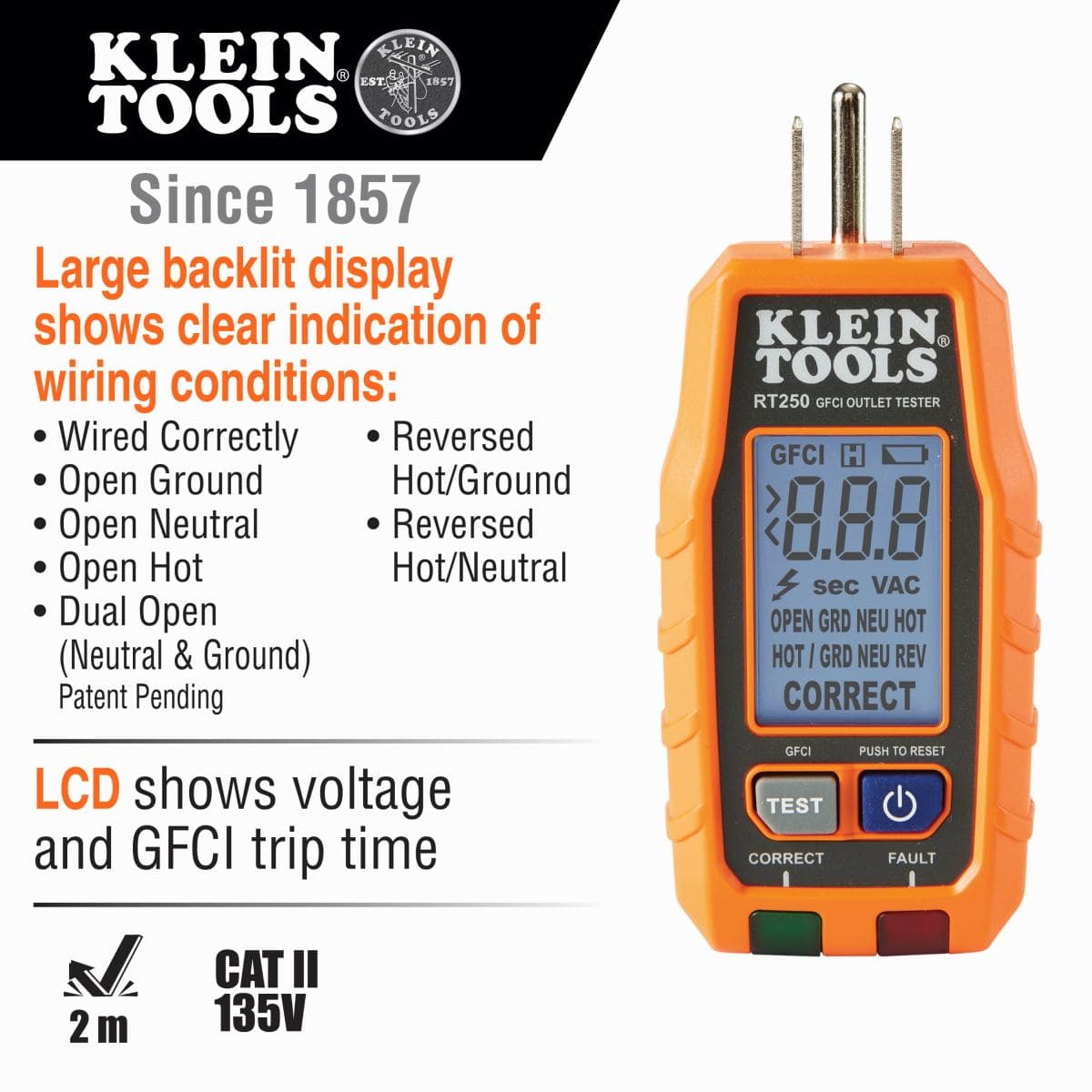 Product infographic for the RT250 GFCI Receptacle Tester highlighting its digital diagnostic capabilities. Text callouts emphasize the large backlit LCD for easy viewing of voltage, the unique time-to-trip measurement for GFCI devices, and the patent-pending detection of simultaneous open neutral and open ground wiring faults.