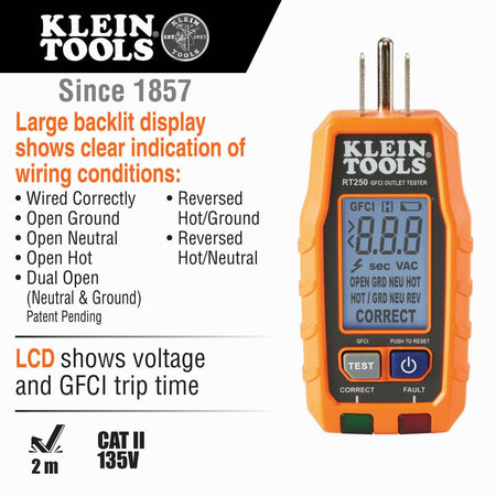 Product infographic for the RT250 GFCI Receptacle Tester highlighting its digital diagnostic capabilities. Text callouts emphasize the large backlit LCD for easy viewing of voltage, the unique time-to-trip measurement for GFCI devices, and the patent-pending detection of simultaneous open neutral and open ground wiring faults.