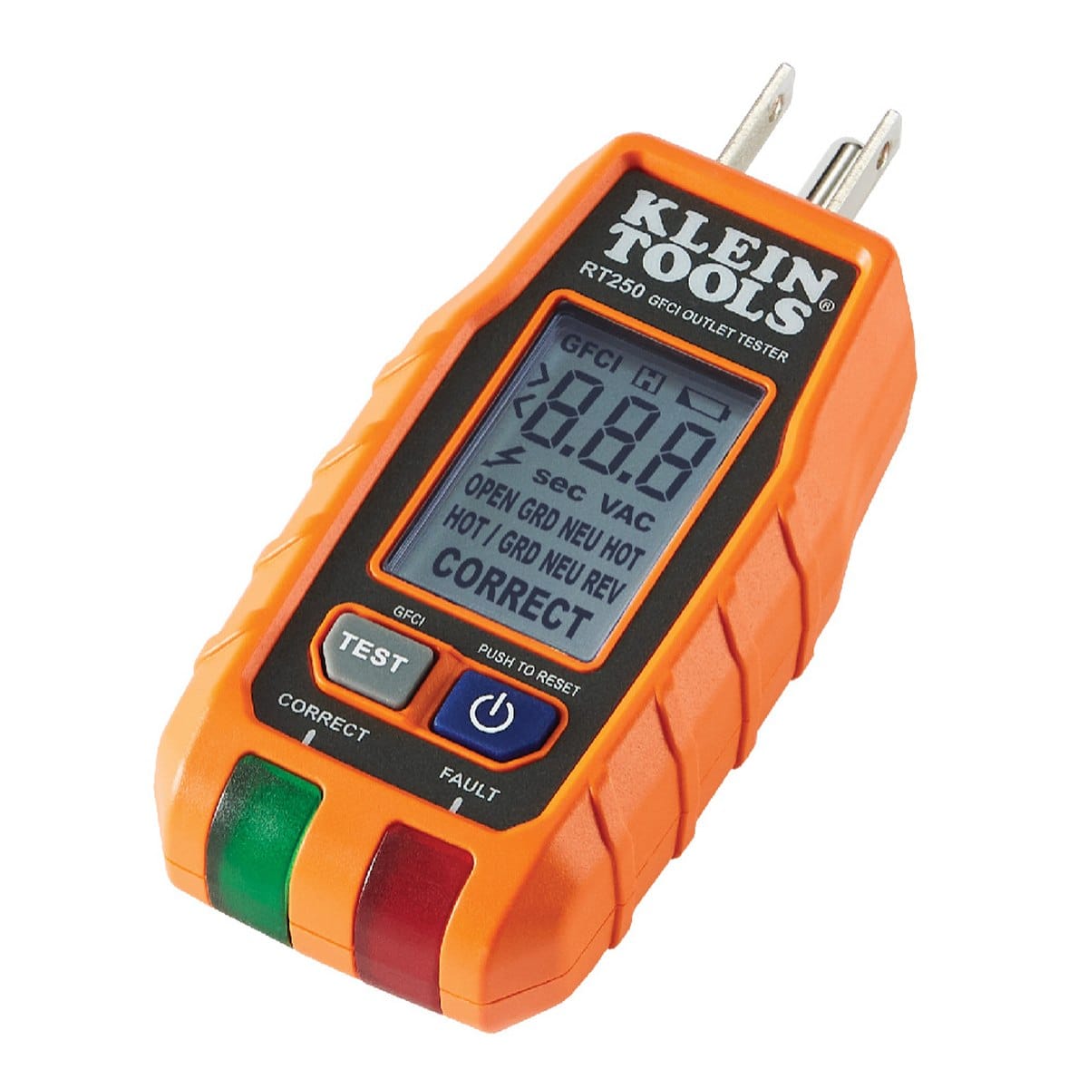 An angled studio shot of the RT250 LCD Receptacle Tester. The image highlights the ergonomic handheld design, the 3-prong North American electrical plug, and the high-contrast faceplate that displays a wiring fault legend for rapid circuit troubleshooting.