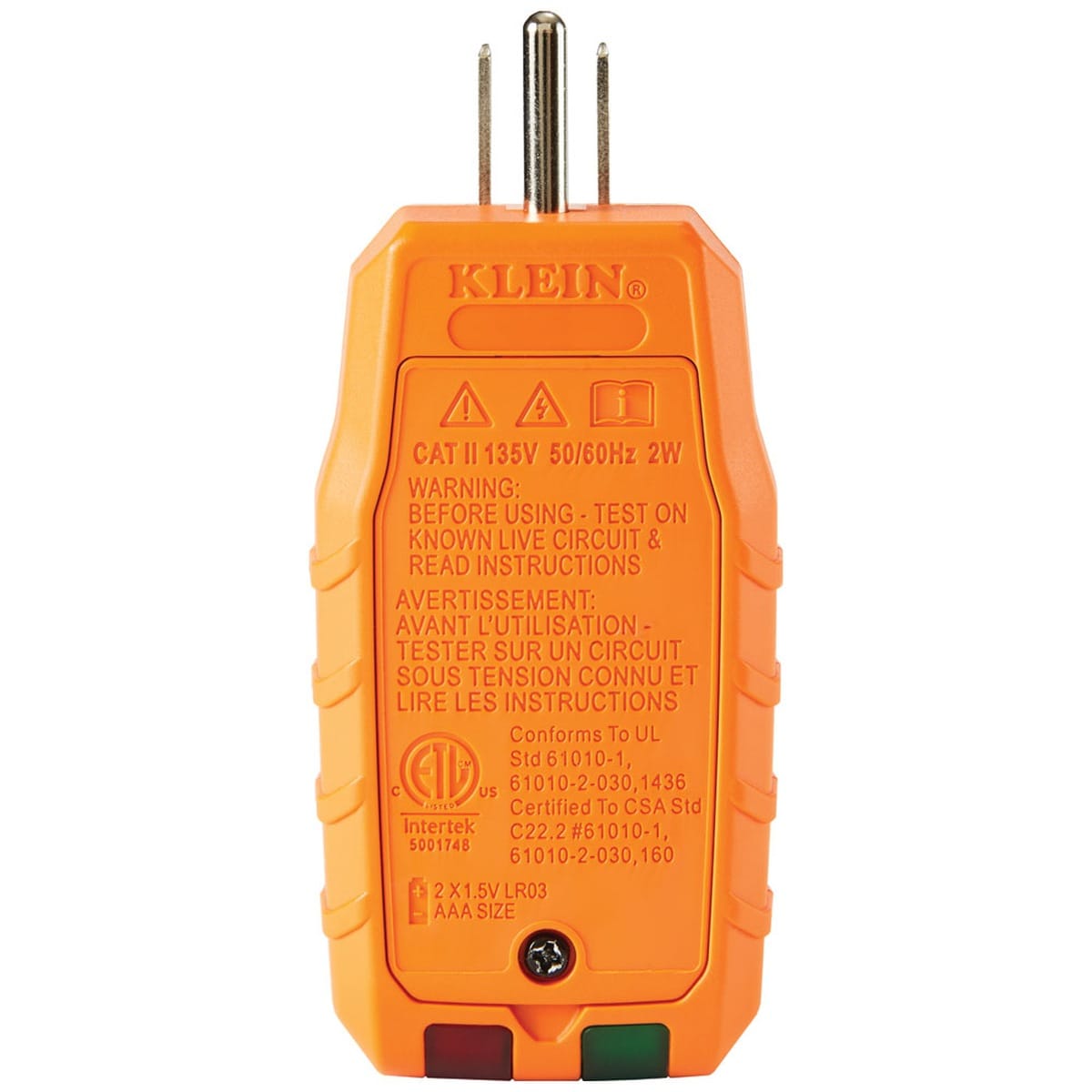 A side-angle perspective of the RT250 tester focusing on the integrated tactile buttons for GFCI testing. The rugged orange polymer housing and the compact, portable form factor are emphasized for professional electricians and home inspectors.