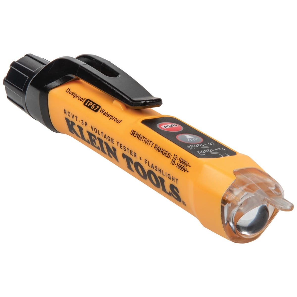 A front view of the NCVT3P dual-range voltage tester pen. The image showcases the sleek pen-style design with a heavy-duty black pocket clip, clear sensing tip, and dedicated power and flashlight buttons on the yellow industrial body.