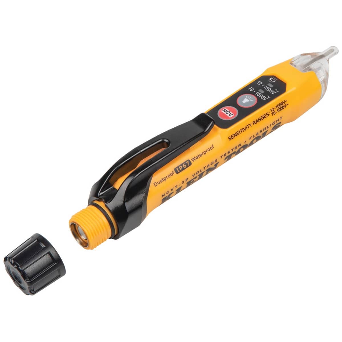 The Klein Tools NCVT3P voltage tester shown with its screw-thread battery cap removed. This view highlights the internal compartment for two AAA batteries and the durable O-ring seal designed to provide dust and water resistance on the jobsite.