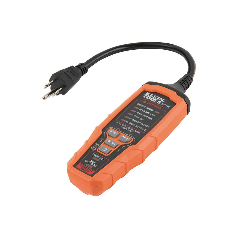 Klein Tools RT310 AFCI GFCI Outlet Tester for 120V North American Receptacles with 10-Inch Flexible Cord Detects Dual-Open Wiring Faults and Arc Flash