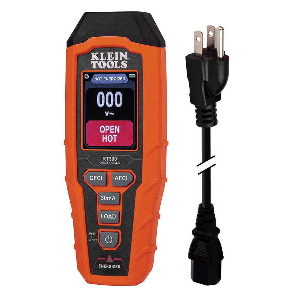 A studio shot of the Klein Tools RT390 digital circuit analyzer featuring a large color LCD screen and a rugged orange and black housing. The tool is shown alongside its detachable North American 3-prong electrical testing cord, designed for professional diagnostic use on 120V circuits.
