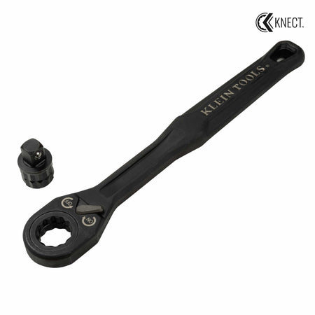 Klein 65408ADP KNECT M pass-through ratcheting wrench with its detachable 3/8-inch square drive socket adapter.