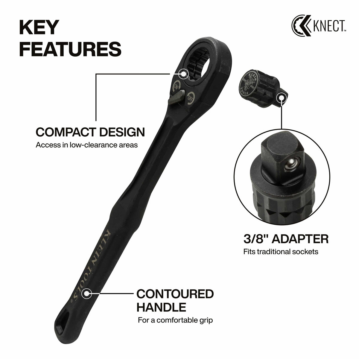 Diagram detailing the 8.38-inch contoured handle, low-profile ratchet head, and 3/8-inch square socket adapter attachment.