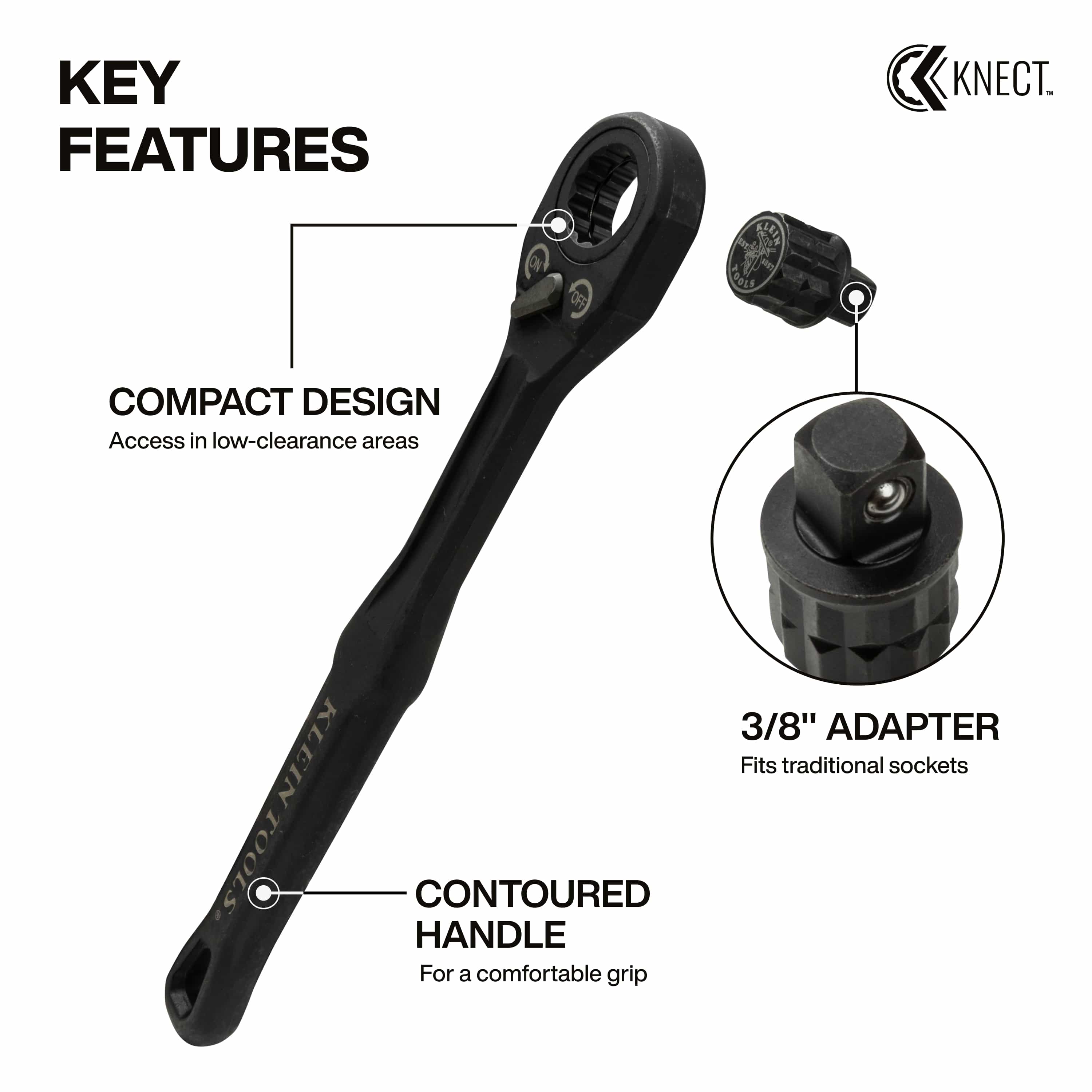 Diagram detailing the 8.38-inch contoured handle, low-profile ratchet head, and 3/8-inch square socket adapter attachment.
