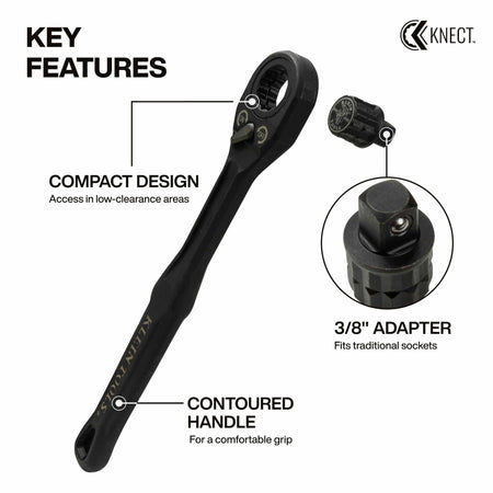 Diagram detailing the 8.38-inch contoured handle, low-profile ratchet head, and 3/8-inch square socket adapter attachment.