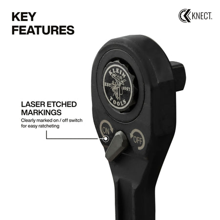 Close-up of the laser-etched directional lever on the Klein KNECT M ratchet head clearly showing on and off ratcheting controls.