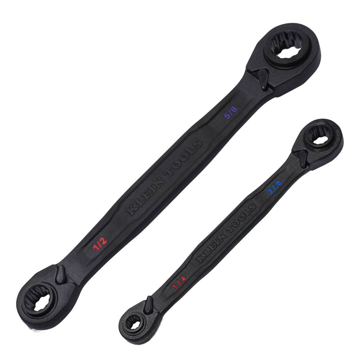 Klein 68216 2-piece 4-in-1 ratcheting box wrench set showing double-ended heads covering eight SAE hex sizes from 1/4 to 3/4-inch.