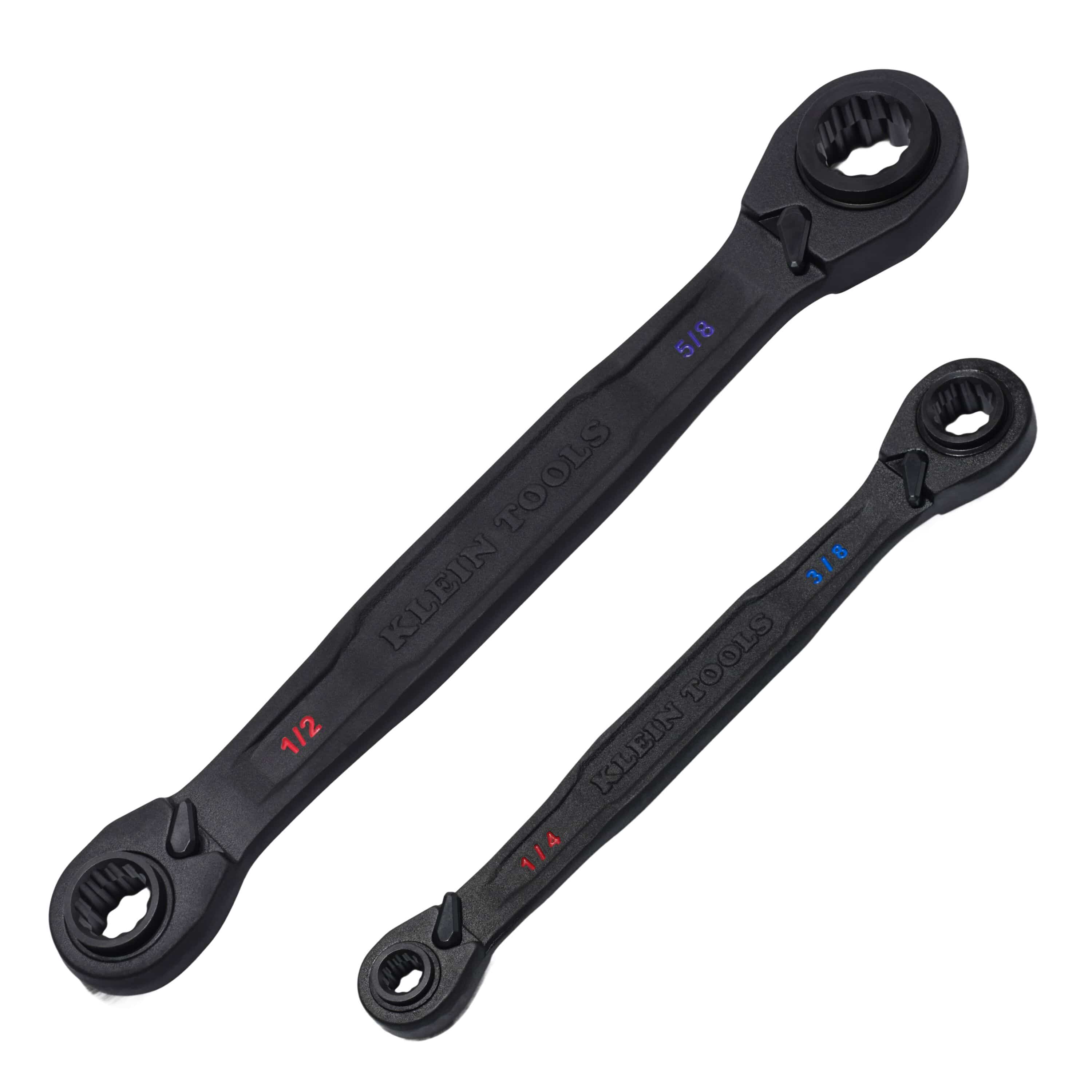 Klein 68216 2-piece 4-in-1 ratcheting box wrench set showing double-ended heads covering eight SAE hex sizes from 1/4 to 3/4-inch.