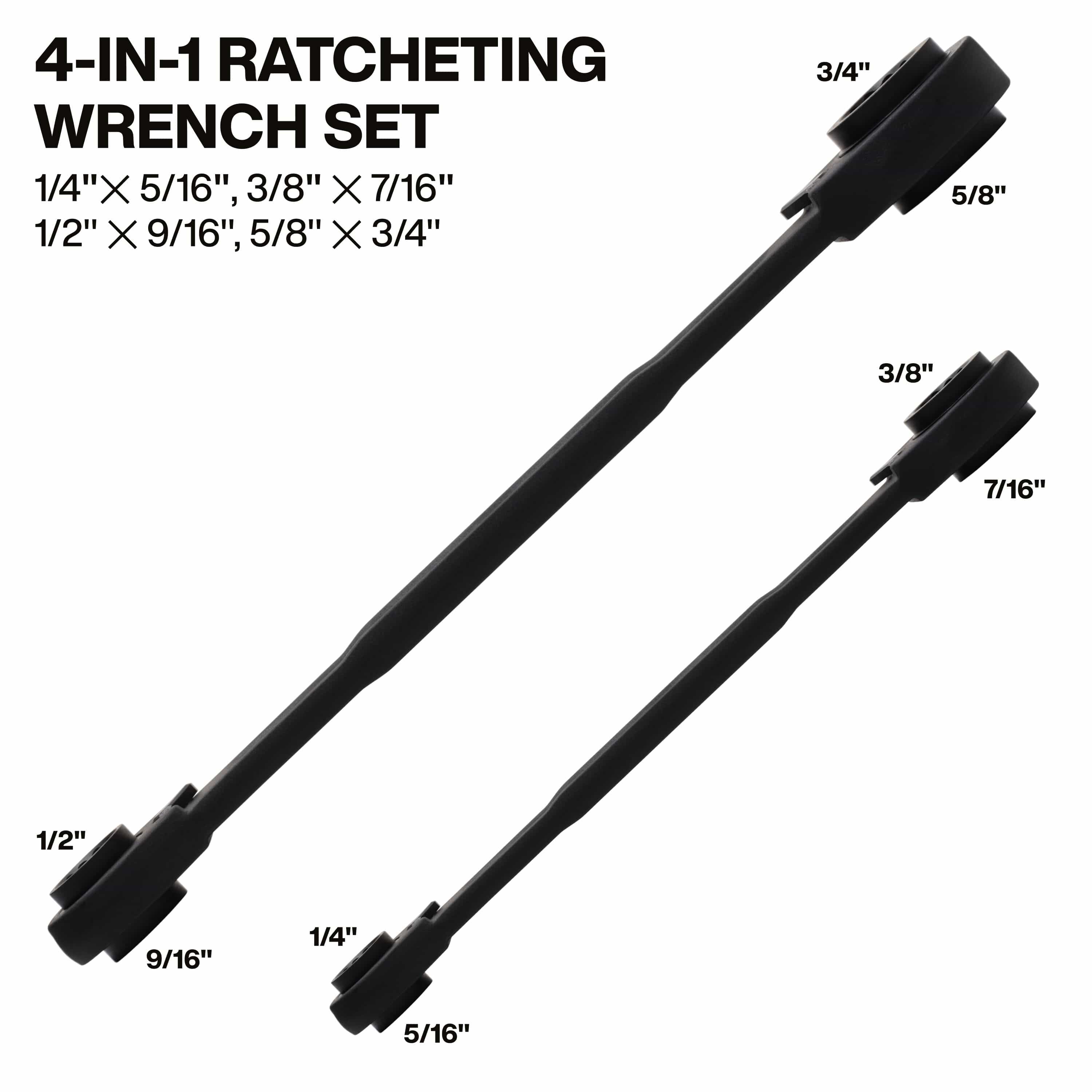 Diagram mapping the 8 SAE drive sizes across two double-ended wrenches: 1/4x5/16 and 3/8x7/16 on tool one, 1/2x9/16 and 5/8x3/4 on tool two.