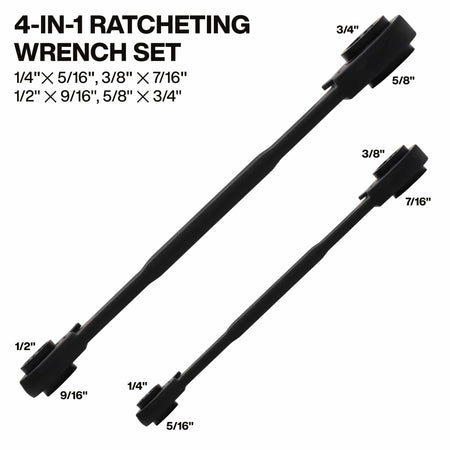 Diagram mapping the 8 SAE drive sizes across two double-ended wrenches: 1/4x5/16 and 3/8x7/16 on tool one, 1/2x9/16 and 5/8x3/4 on tool two.