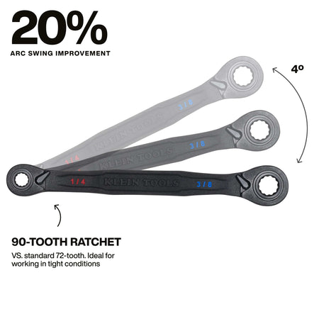 Diagram demonstrating the 90-tooth ratcheting gear with a 4-degree arc swing that delivers 20 percent better swing efficiency in tight spots.