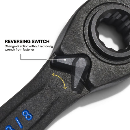 Close-up of the integrated thumb-reversing switch on the box head used to flip ratcheting direction without removing wrench from hardware.