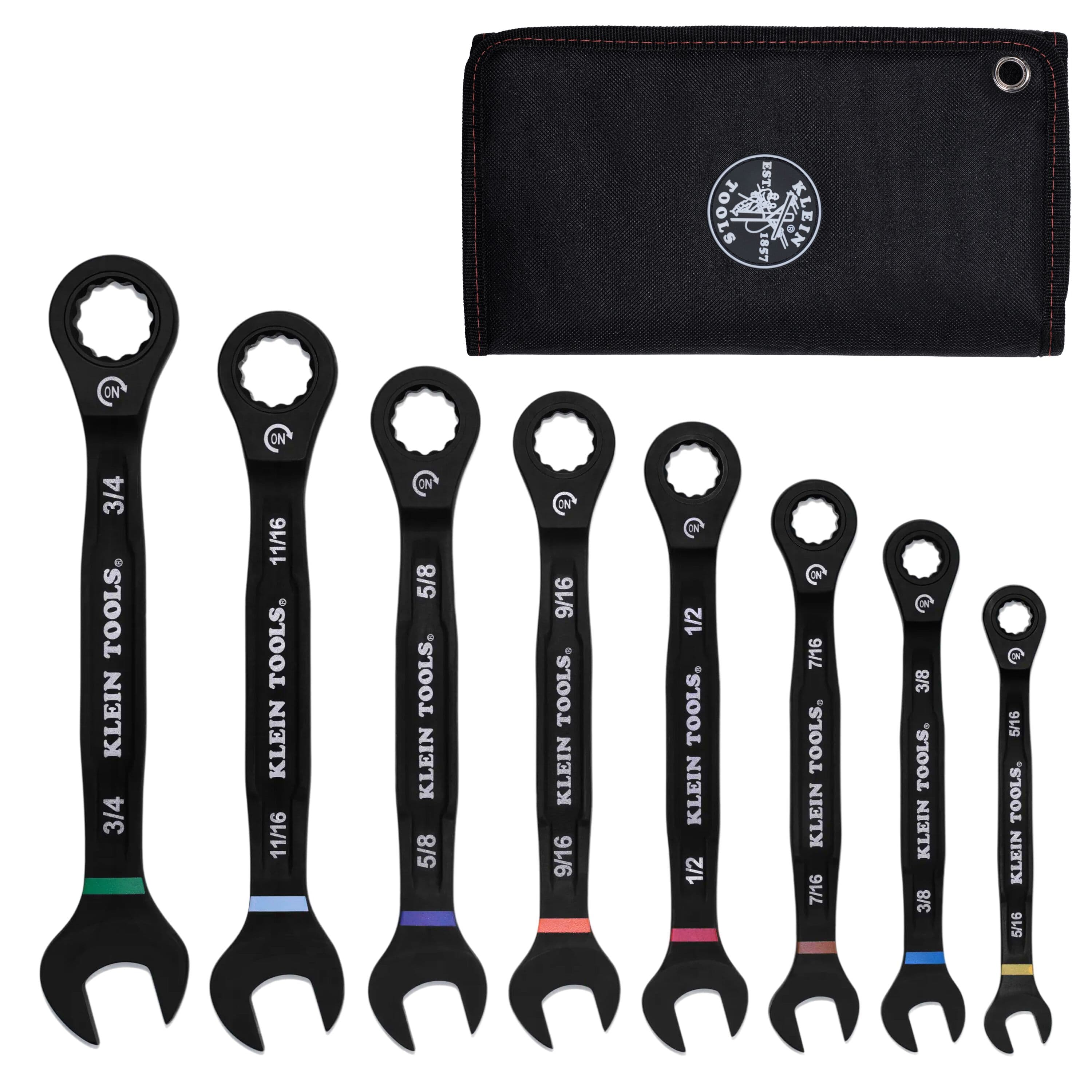 Klein 69408G 8-piece ratcheting wrench set laid out by size alongside a black storage roll-pouch to highlight full kit coverage.