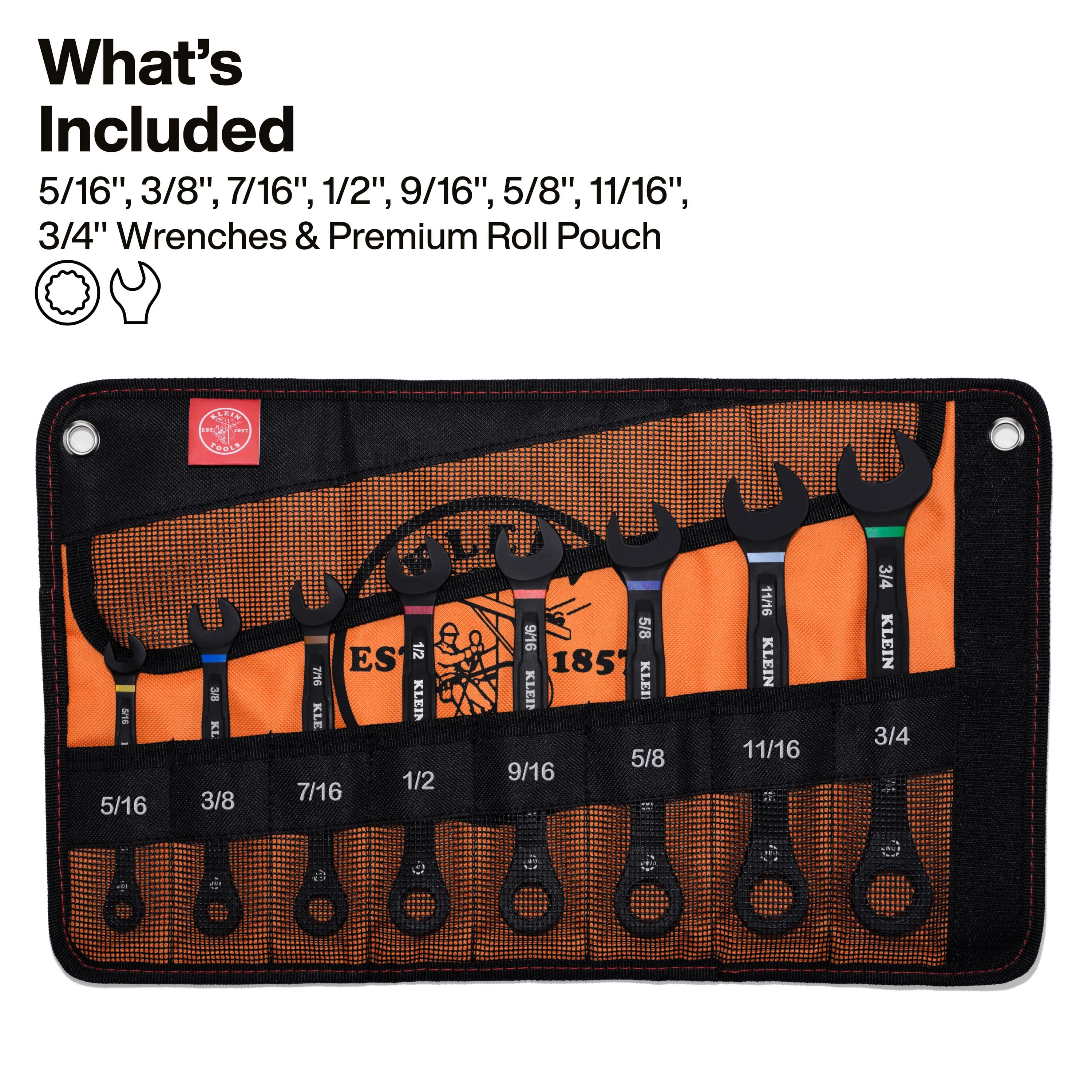 Diagram showing 8 combination wrenches (5/16 to 3/4-inch) organized inside labeled slots of a heavy-duty fabric roll-pouch.