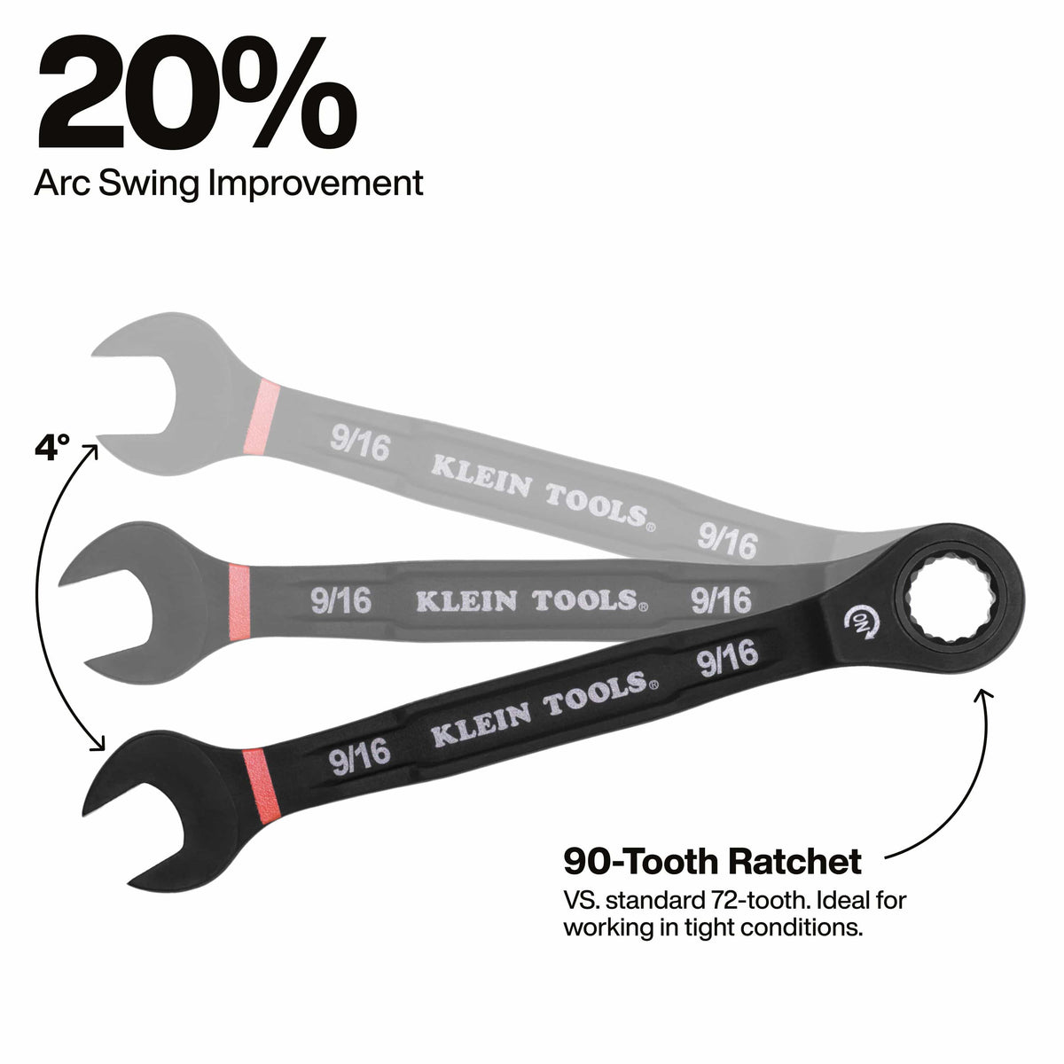 Diagram demonstrating the 90-tooth ratcheting mechanism with a 4-degree arc swing that delivers 20 percent better swing efficiency in tight spots.