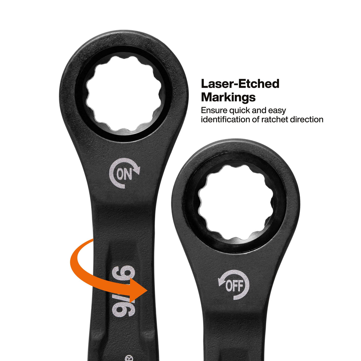 Close-up of laser-etched ON and OFF markings on the ratcheting box head to show clear visual drive direction verification.