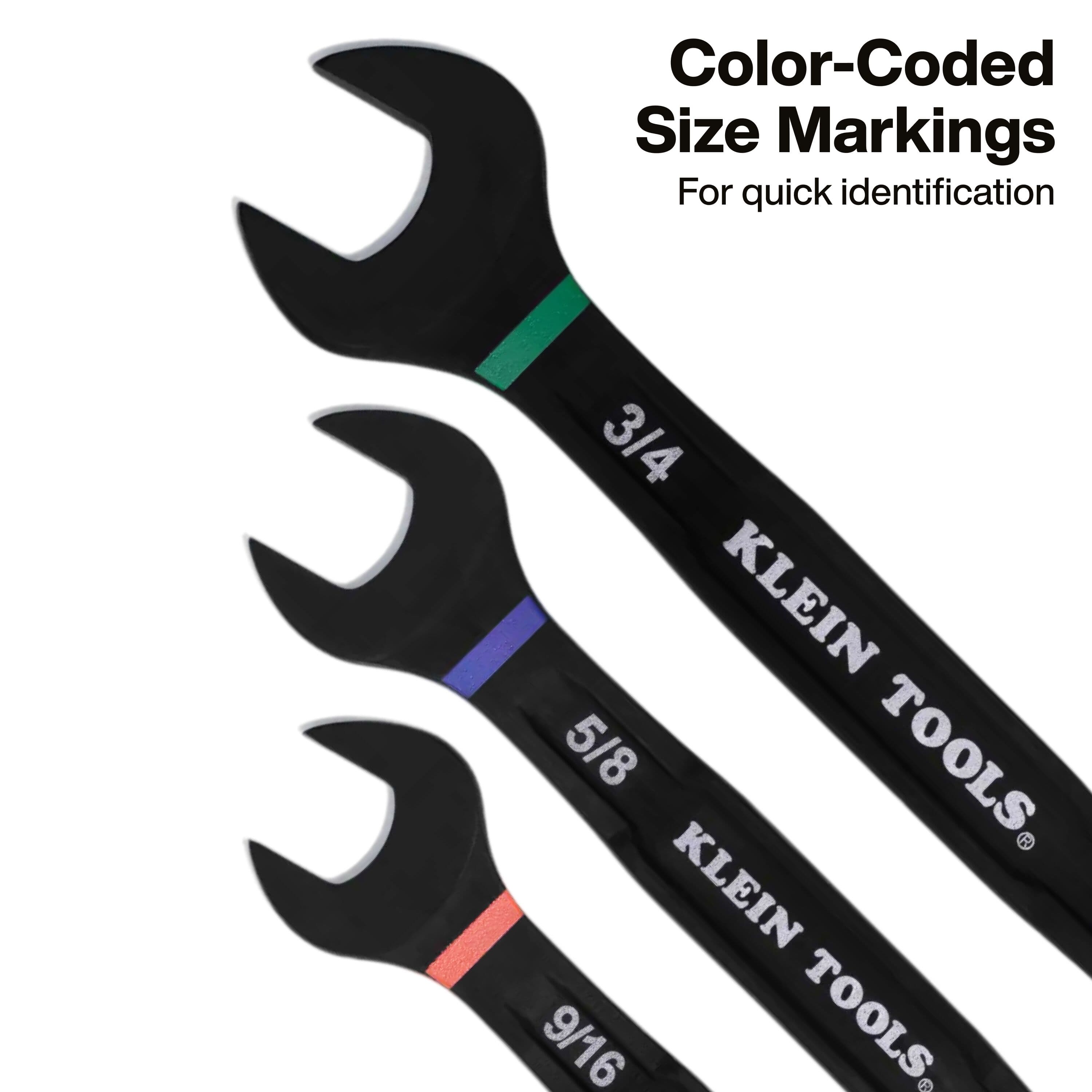 Open ends of Klein combination wrenches highlighting distinct color-coded size identification rings for rapid jobsite selection.