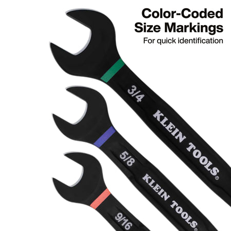 Open ends of Klein combination wrenches highlighting distinct color-coded size identification rings for rapid jobsite selection.