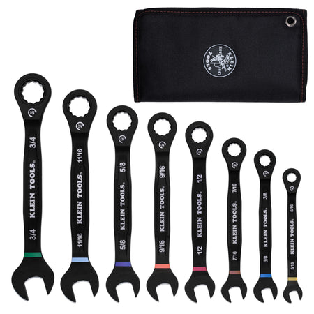 Full set view of 8 Klein black phosphate ratcheting combination wrenches alongside their compact fabric storage pouch.
