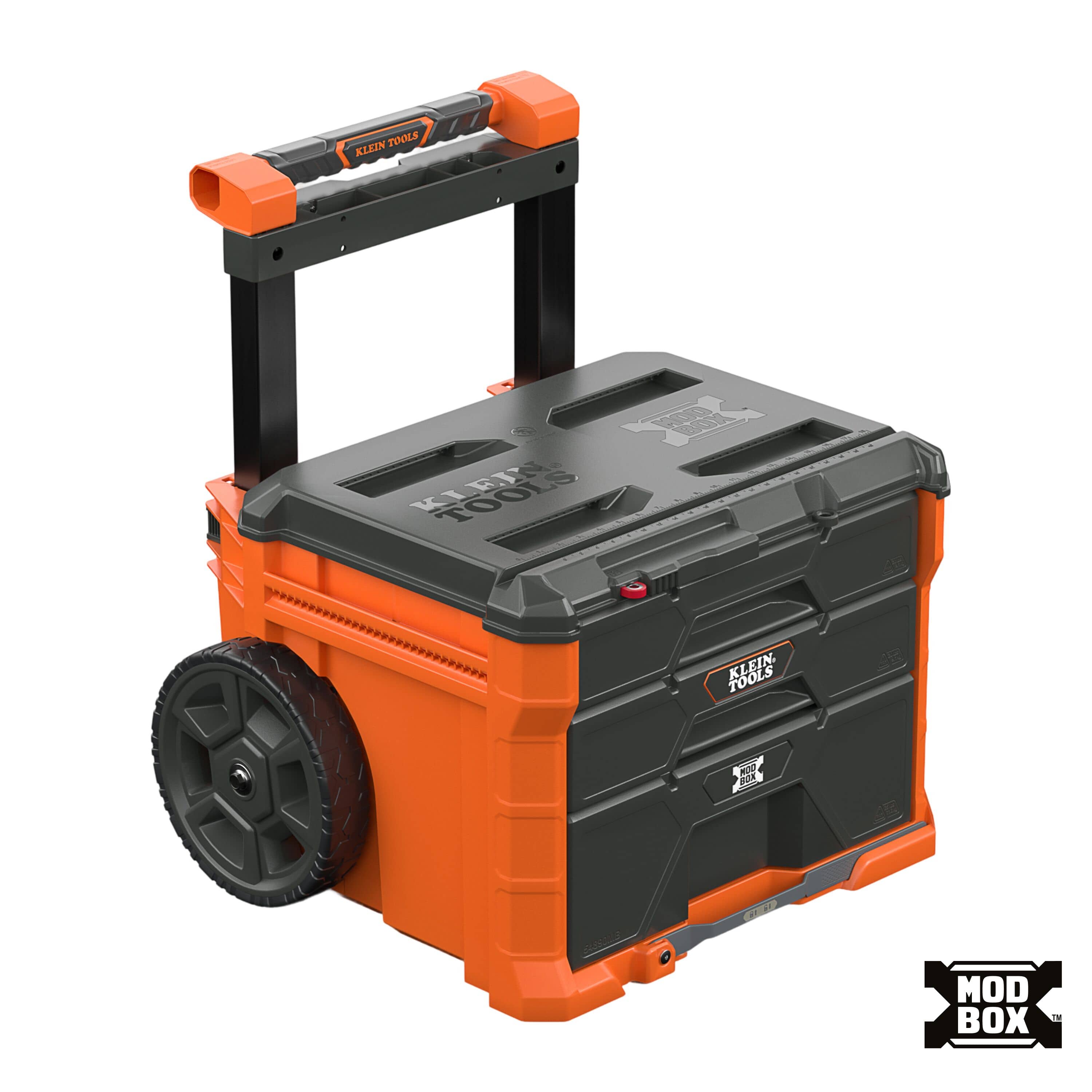 Klein Tools MODbox three-drawer rolling toolbox with rugged 10-inch wheels and a heavy-duty telescoping handle for mobile jobsites.