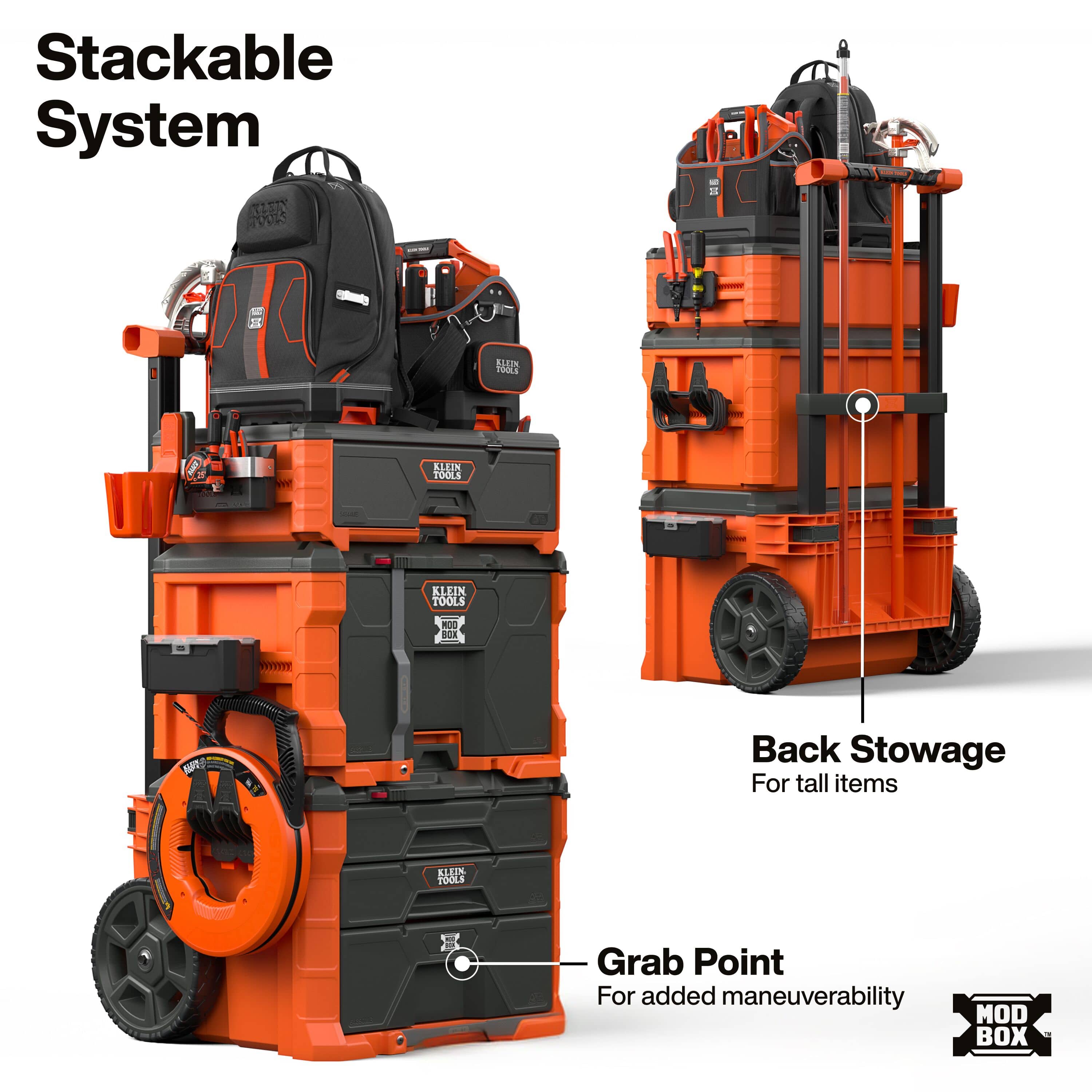 Klein Tools MODbox modular stackable system demonstrates vertical box interlocks, rear stowage for tall tools, and lower grab points.