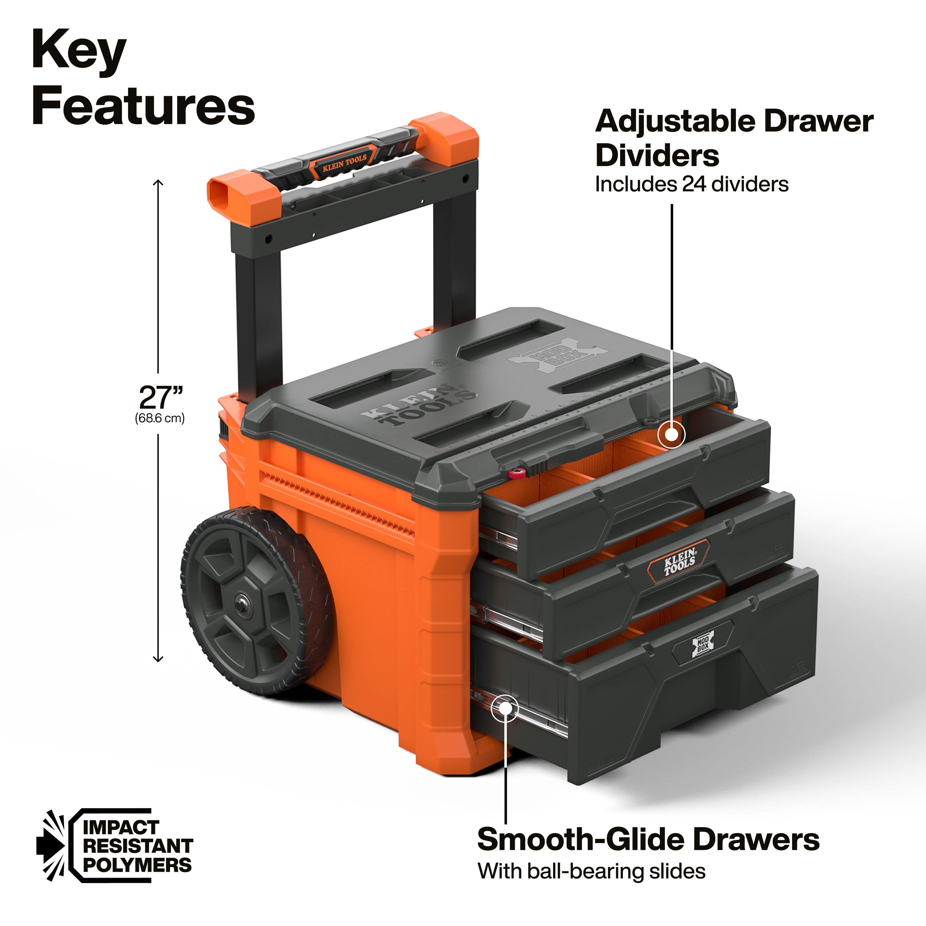 Klein MODbox three-drawer toolbox highlights 27-inch height, impact-resistant polymers, ball-bearing slides, and 24 included dividers.