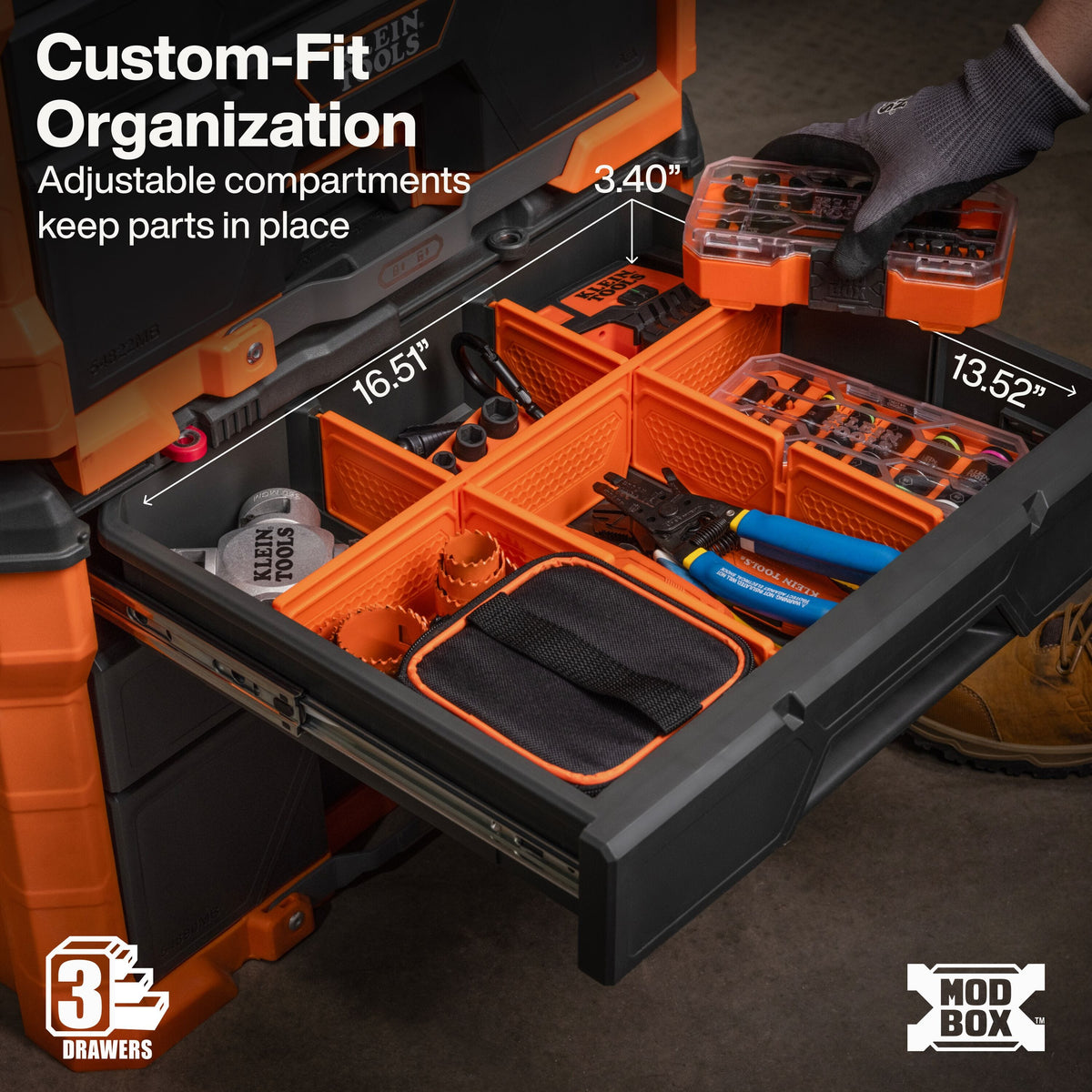 Klein MODbox top drawer layout shows 16.51 by 13.52 by 3.4-inch interior dimensions with custom dividers for hand tools and fasteners.