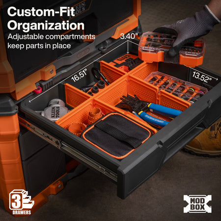Klein MODbox top drawer layout shows 16.51 by 13.52 by 3.4-inch interior dimensions with custom dividers for hand tools and fasteners.