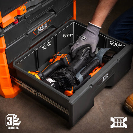 Deep 5.73-inch bottom drawer on the Klein MODbox provides 16.42 by 12.83-inch storage for bulky cordless power tools and equipment.